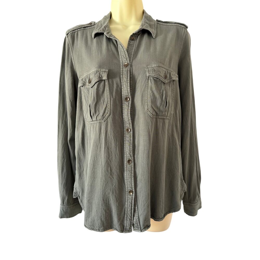 American Eagle Boyfriend Fit Olive Blouse Size Medium Long Sleeve Soft Utility